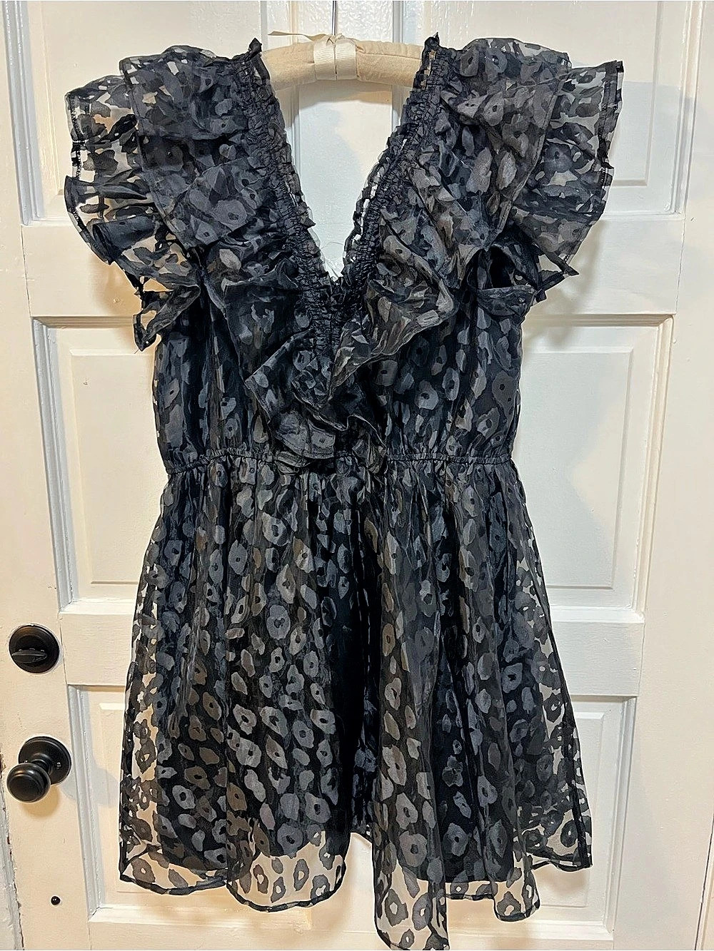 Entro Leopard Pattern Ruffle Dress Mini Black Large - Picture 4 of 7